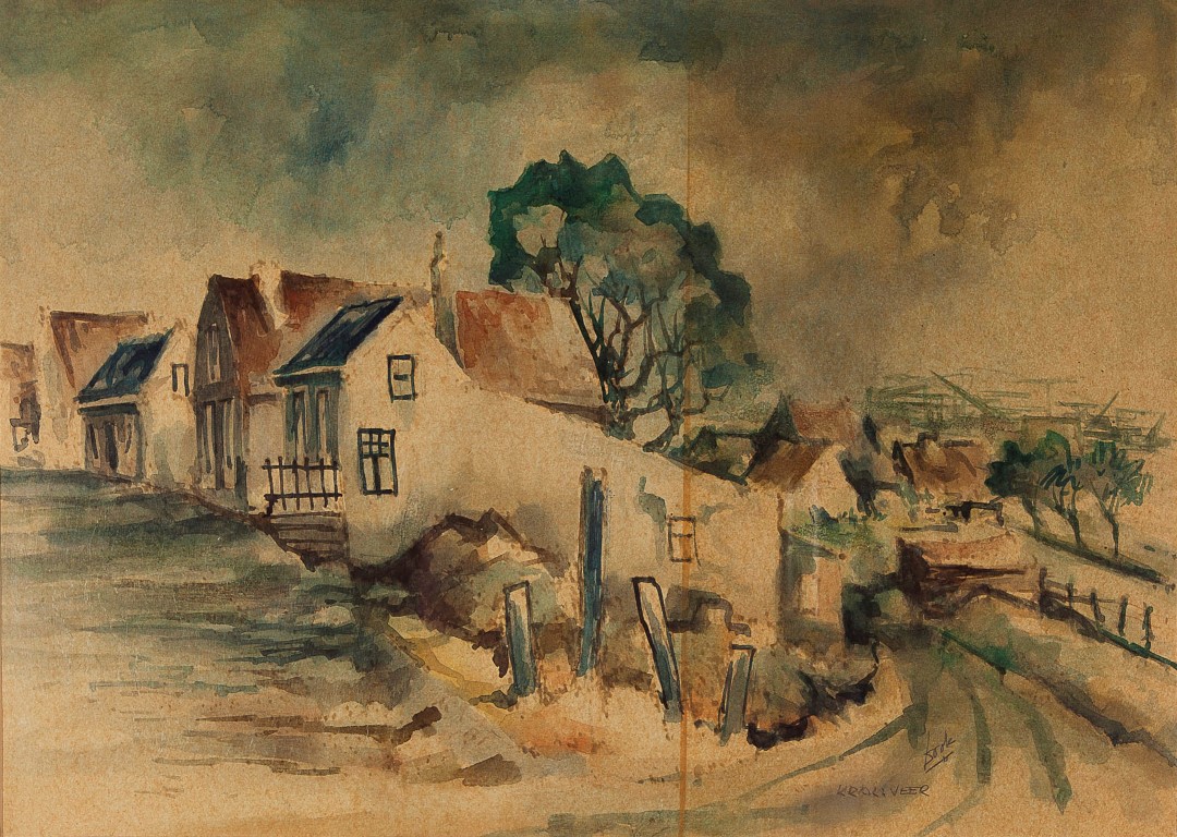 Dook Everse - Dorpje (Kral.Veer) - Aquarel op papier - gesigneerd r.o. - BKR Rotterdam, 1977 kopen? Bied vanaf 10!