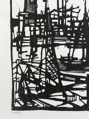 Fon Klement - Houtsnede - 1959 - 'haven' - niet ingelijst kopen? Bied vanaf 45!