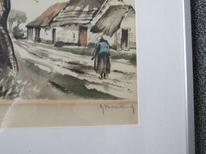 Roger Hebbelinck - dorpstraat met boerderij en wandelende vrouw kopen? Bied vanaf 28!