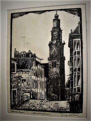 Jac. de Beer - 1920 - Fraaie zwart-wit Houtsnede - "Westertoren amsterdam" potlood gesigneerd kopen? Bied vanaf 10!