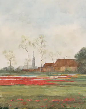 Niet of onleesbaar gesigneerd - Gezicht op een bollenveld met op de achtergrond een boerderij bij een kerk kopen? Bied vanaf 1!