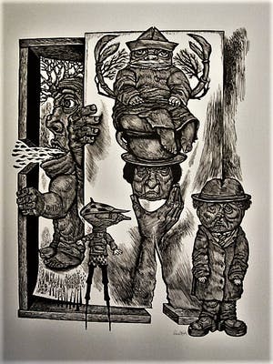 Lou Strik - Vermaard Graficus - grote Lithografie - Fantasie figuren - gesigneerd kopen? Bied vanaf 29!