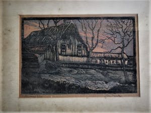Johanna van Deventer - omstreeks 1920 - Houtsnede/Handdruk - Boerderij bij schemering - gesigneerd kopen? Bied vanaf 5!