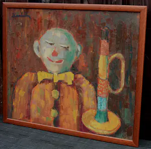Jan Linschooten - Ingelijste olieverf op board: Clown met trompet kopen? Bied vanaf 199!