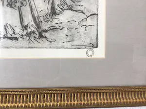 Jan Altink - Ets "Boer werkend in de tuin" - Perfect ingelijst - Atelierstempel - De Ploeg kopen? Bied vanaf 150!