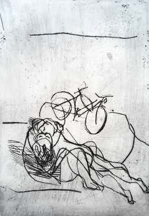 Ger Lataster - Zoenend paartje bij fietsen, droge naald ets verkocht voor € 295!