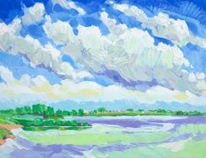 Adri Dijkhorst - Zeefdruk, Rivierlandschap kopen? Bied vanaf 35!