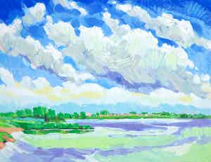 Adri Dijkhorst - Zeefdruk, Rivierlandschap verkocht voor € 35!