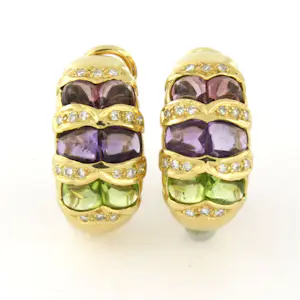 Acheter14k gouden oorclips met amethist, peridot en briljant geslepen diamant? Enchérissez de 860!