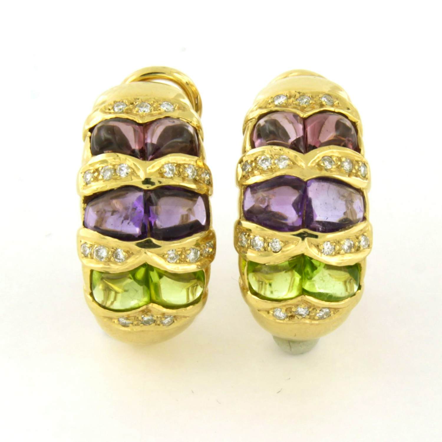14k gouden oorclips met amethist, peridot en briljant geslepen diamant verkocht voor € 860!