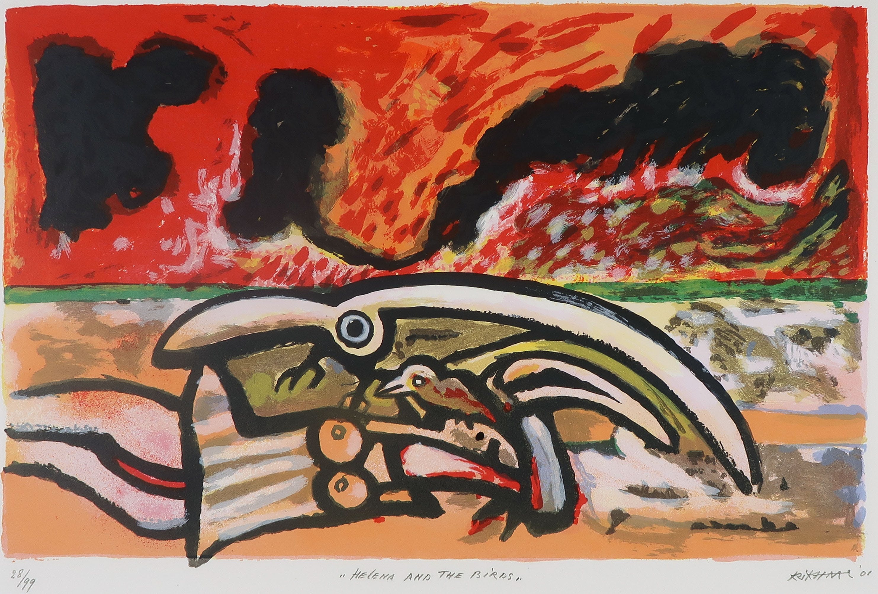 Herman Krikhaar - Litho, Helena and the birds verkocht voor € 80!