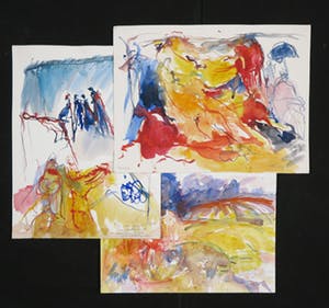 Franscz Witte - Lot van drie aquarellen, Voorstellingen in geel, rood en blauw kopen? Bied vanaf 1!