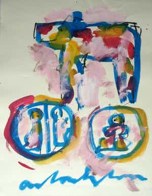 Anton Heyboer - Ingelijste gouache , Beest, Confrontatie en Vrouw – ca. 1980 – 100 x 70 cm verkocht voor € 50!