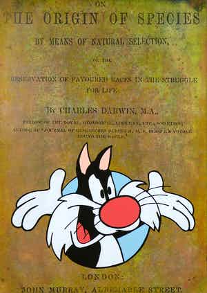 Jan Bollaert - Gemengde techniek op board, On the Origin of Species verkocht voor € 1!