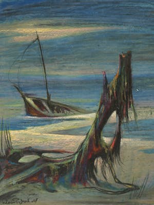 Klaas Pijlman - Oliepastelkrijt op papier , “Gezonken op het strand” – gesigneerd – 1967 kopen? Bied vanaf 10!