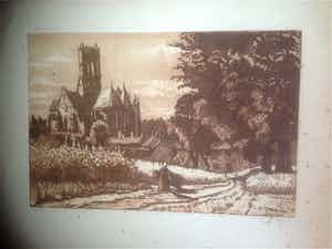 Bernard Klene - Landschap met de Basiliek Saint Mathurin de Larchant verkocht voor € 35!