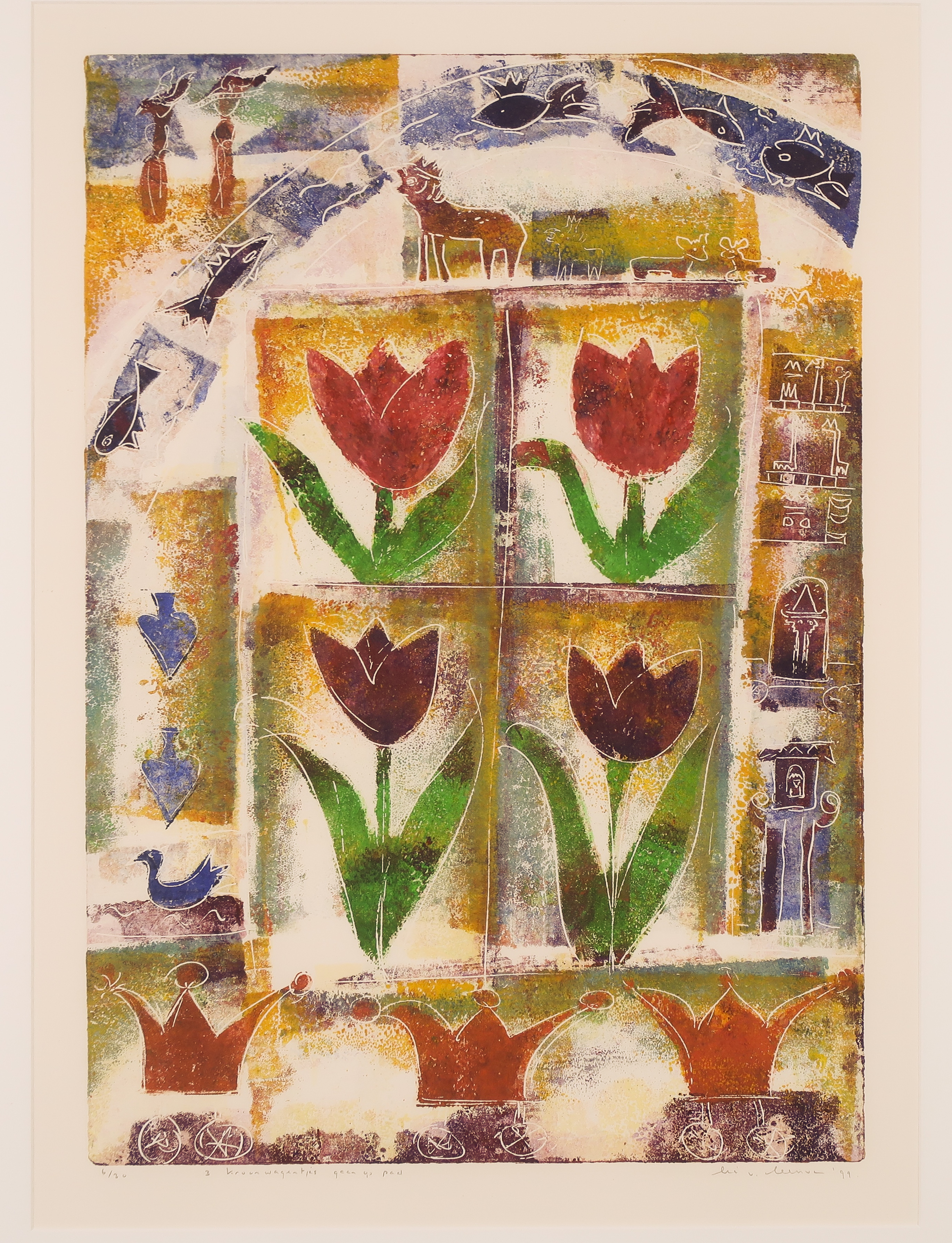 Lia van Leeuwen - Ets, 3 kroonwagentjes gaan op pad - Ingelijst kopen? Bied vanaf 1!