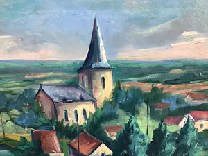 Niet of onleesbaar gesigneerd - Gehucht met kerk. kopen? Bied vanaf 1!
