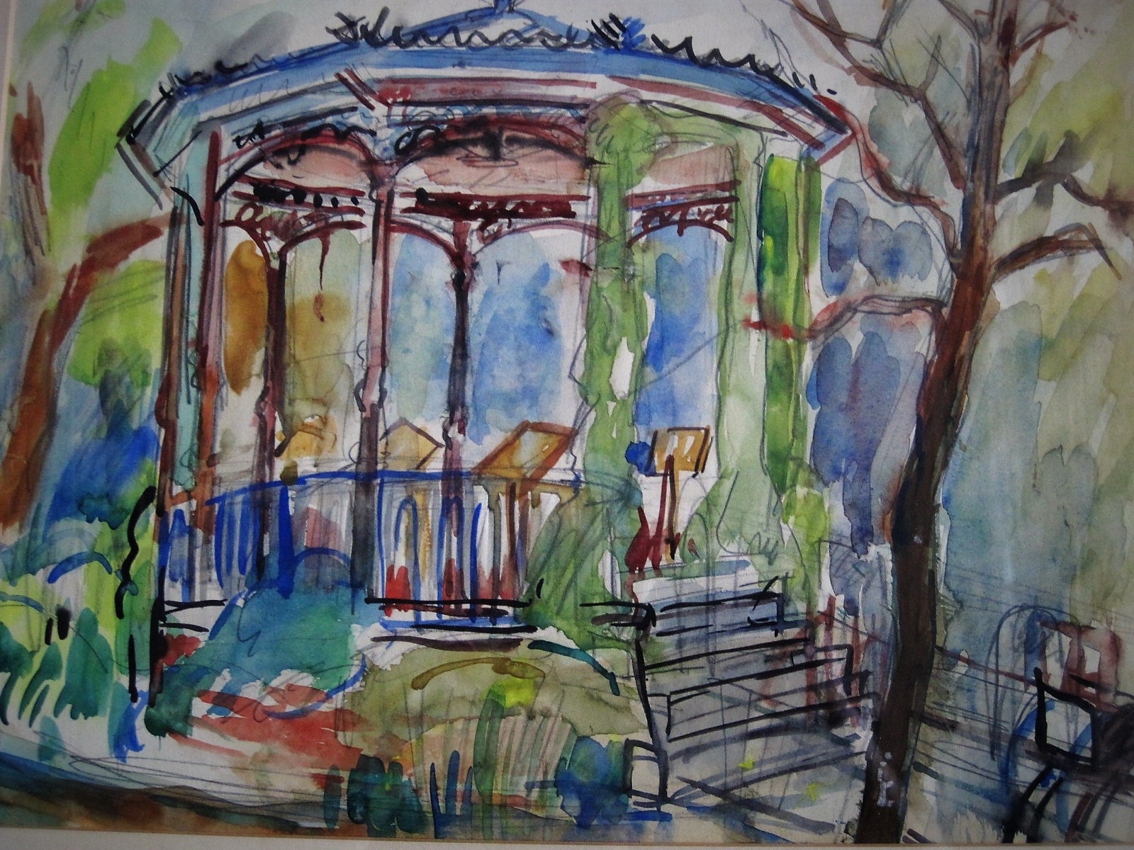 Niet of onleesbaar gesigneerd - gesigneerde ca. 1950 Aquarel "Muziektent"  kopen? Bied vanaf 1!