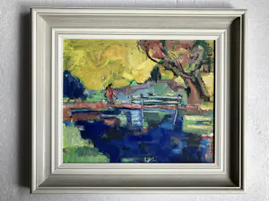 Niet of onleesbaar gesigneerd - Olieverf op canvas - Landschap met fietsende vrouw kopen? Bied vanaf 1!