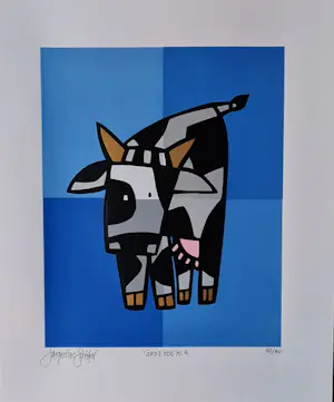 Jacqueline Schäfer - 4 x vrolijke koe - gesigneerd - 50 ex. kopen? Bied vanaf 1!