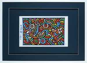 Keith Haring - Signatuur en tekening op uitnodiging Galerie Hans Mayer - Ingelijst verkocht voor € 1!