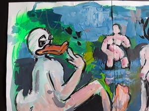 Peter Klashorst - Vrouw met duck kopen? Bied vanaf 145!