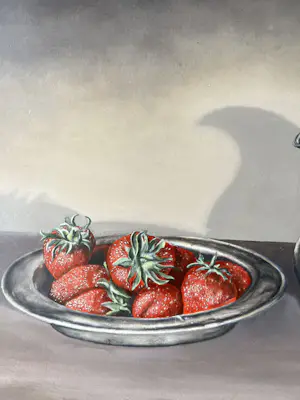 Rob Stoffer - Olieverf op paneel, Stilleven met kan en aardbeien - Ingelijst kopen? Bied vanaf 55!