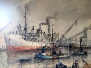 Willem Bos - Drukte in de Rotterdamse Haven - Gemengde techniek, Ingelijst kopen? Bied vanaf 240!