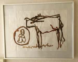 Anton Heyboer - Laat werk van " Koe met kind " op gekreukt papier. verkocht voor € 85!