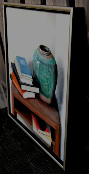 Dori Schoonderwoerd - Ingelijste olieverf op doek: Stilleven met gemberpot en boeken op tafel kopen? Bied vanaf 499!