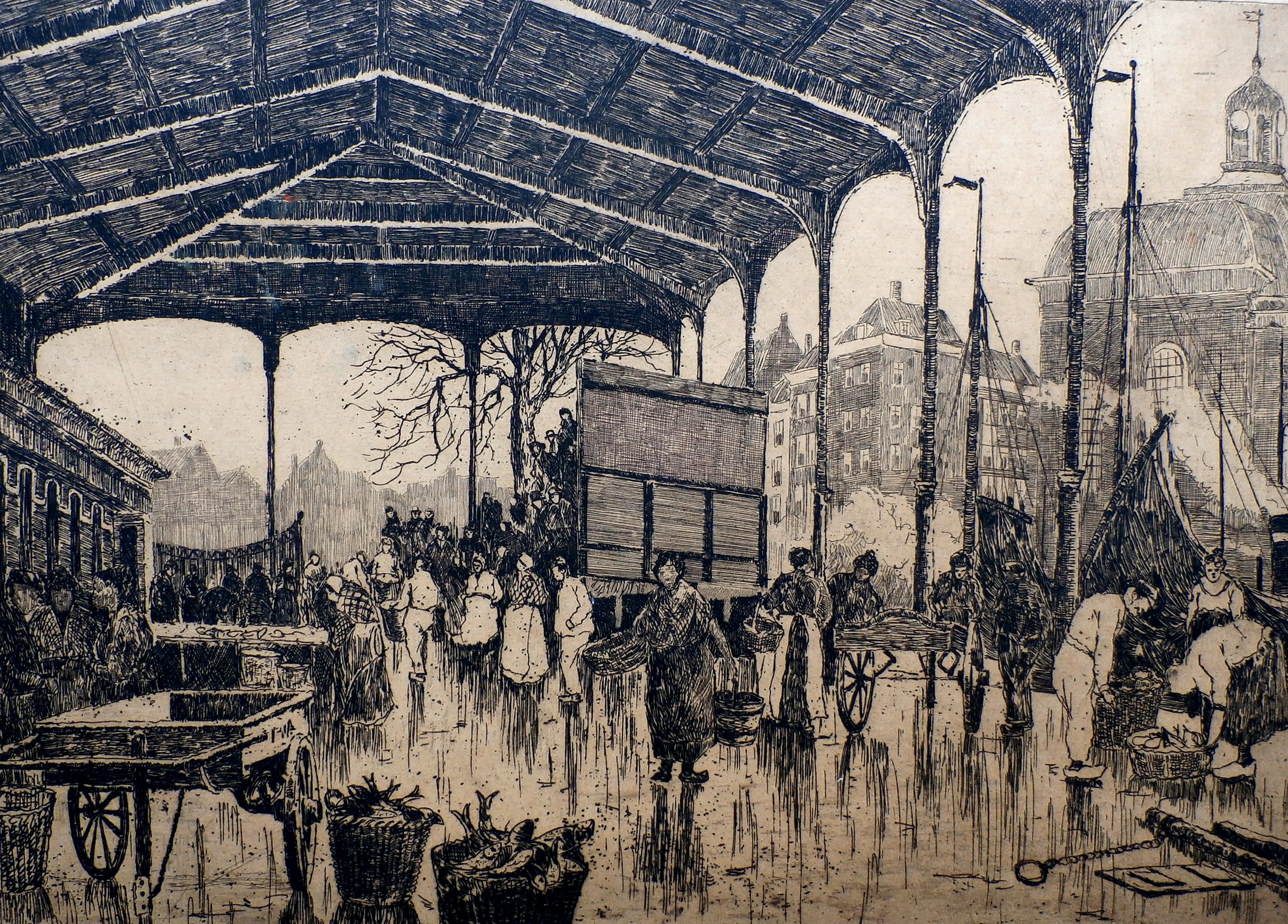 Chris Snijders - ets - Rotterdam Vischmarkt verkocht voor € 45!