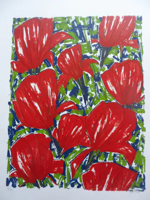 Ad van Hassel - Zeefdruk. Rode tulpen. kopen? Bied vanaf 25!