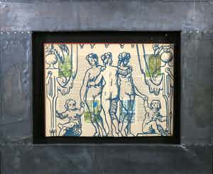 Jan Bollaert - Gemengde techniek/schildering op boek, Drie gratiën - Ingelijst verkocht voor € 50!