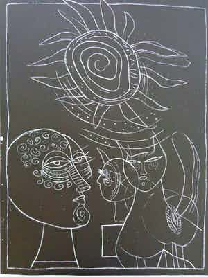 Corneille - FEMME ET FAUNE FAMILIERE / ZW-W ETS / 76x56cm / SIG 1978 verkocht voor € 165!