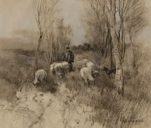 Johannes Josephus Garjeanne - Gemengde techniek op papier - "landschap met herder en schapen" kopen? Bied vanaf 175!