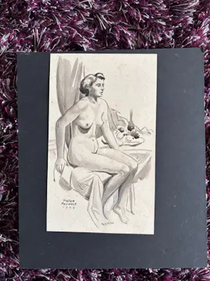 Pieter Pouwels - op stoel zittende naakte vrouw bij schaal met fruit. kopen? Bied vanaf 45!