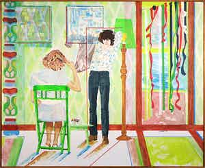 Jos Veels - Acryl op doek, Zonder titel (Twee figuren in interieur) - Ingelijst (Zeer groot) verkocht voor € 200!