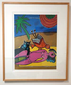 Corneille - Femme, Oiseau et Chat - 1997 - 97/100 - Ingelijst blank hout verkocht voor € 350!