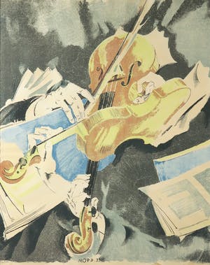 Max Oppenheimer - Bijzondere kleurenlitho van bespeelde violen - Ingelijst kopen? Bied vanaf 1500!
