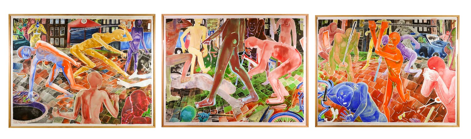 Henri de Haas - Kapitaal drieluik in aquarel, De straat - Ingelijst verkocht voor € 450!