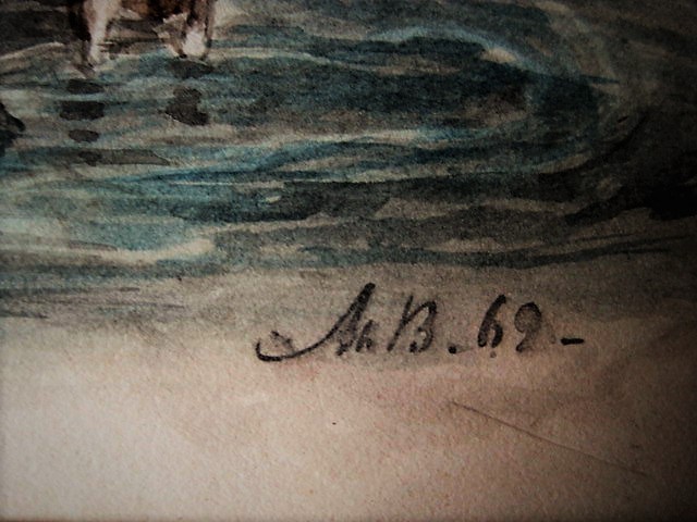 Niet of onleesbaar gesigneerd - Leuk 19e Eeuws Aquarel "Kinderen op vlot bij Hollandse kust" monogram kopen? Bied vanaf 1!