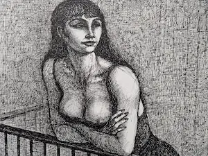 Theo  l' Herminez - Magisch realistische - 1971 - Sepia/Inkt tekening "vrouw op balkon" gesigneerd kopen? Bied vanaf 182!