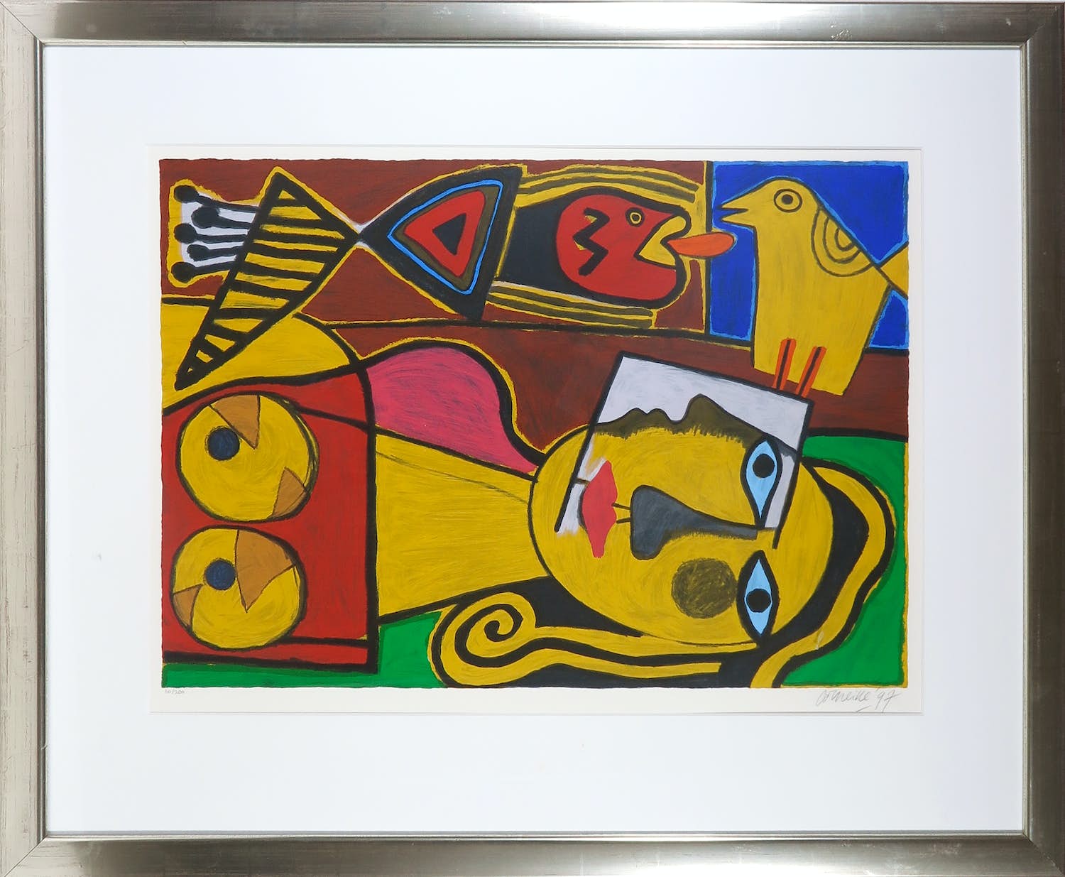 Corneille - Zeefdruk, Vrouw met vogel en vis - Ingelijst (Groot) verkocht voor € 250!