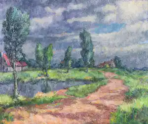 Buy Harmen Klaas Post - Olieverf op paneel, Landschap met wiel - Ingelijst? Bid from 100!