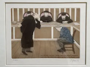 Bernd Hauck - Ingekleurde grappige ets, man voor rechter, gesigneerd, gelijst kopen? Bied vanaf 45!