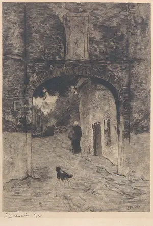 Jacob Maris - Ets, Poort met oude vrouw en blaffende hond kopen? Bied vanaf 70!