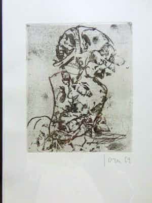 Asger Jorn - COBRA FIGUUR / ZW-W ETS / 53x43cm / KADER / SIG / 1959 verkocht voor € 475!