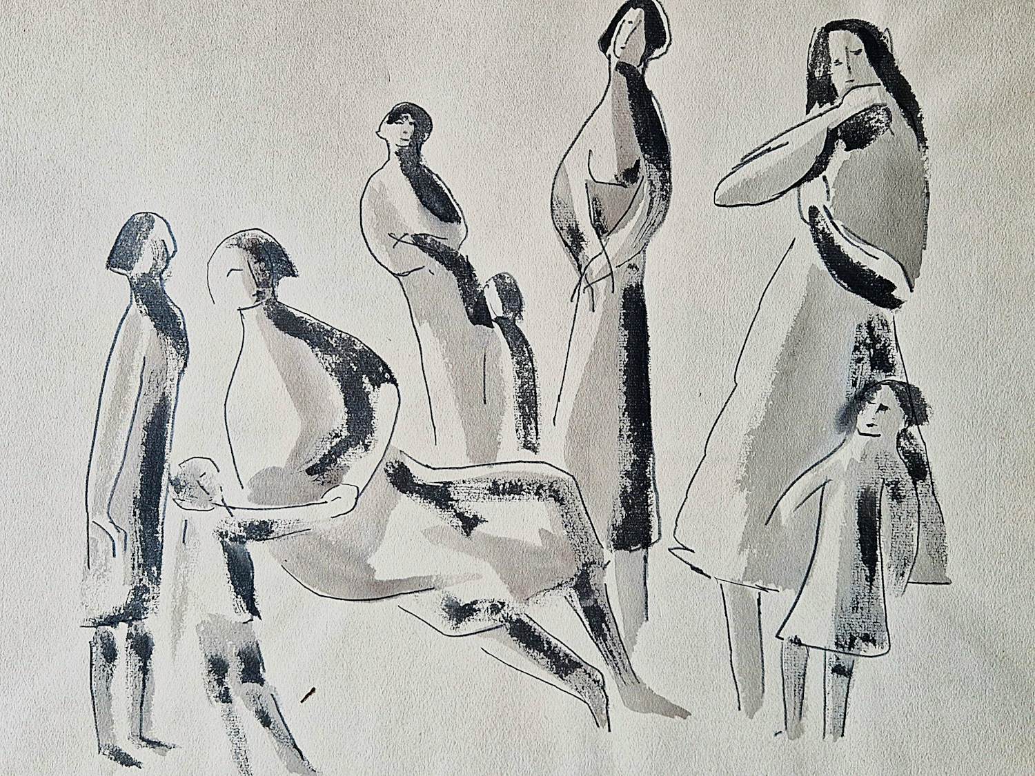 Dick Elffers - Gesigneerde jaren 50 aquarel inkt en potlood tekening "4 generaties vrouwen" verkocht voor € 38!