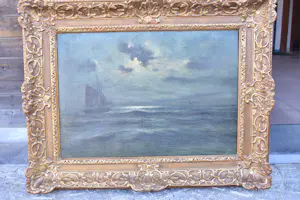 Buy Romain Steppe - Vissersboot onder zeil varend bij maanlicht dicht bij het strand? Bid from 180!